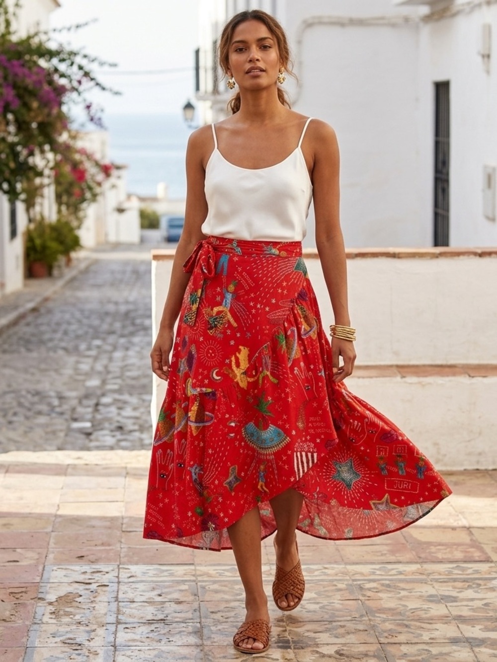 FARM Rio Red Carnival Printed Wrap Skirt linen blend